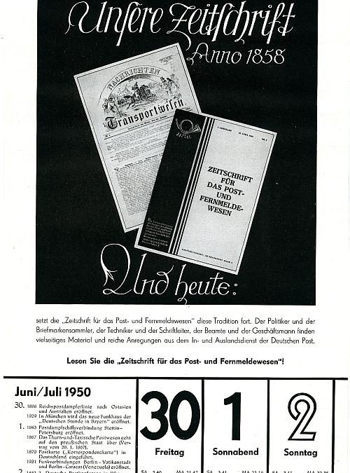 2. Juli 1950 – Zeitschrift für das Post- und Fernmeldewesen, 1858 und 1950