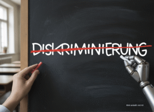 KI generiertes Bild von zwei Händen - die menschliche streicht das Wort Diskriminierung durch, die Roboterhand hat es geschrieben,