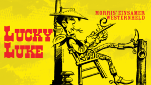 Lucky Luke, der auf einem Holzstuhl schauketl und schnitzt als Comicfigur